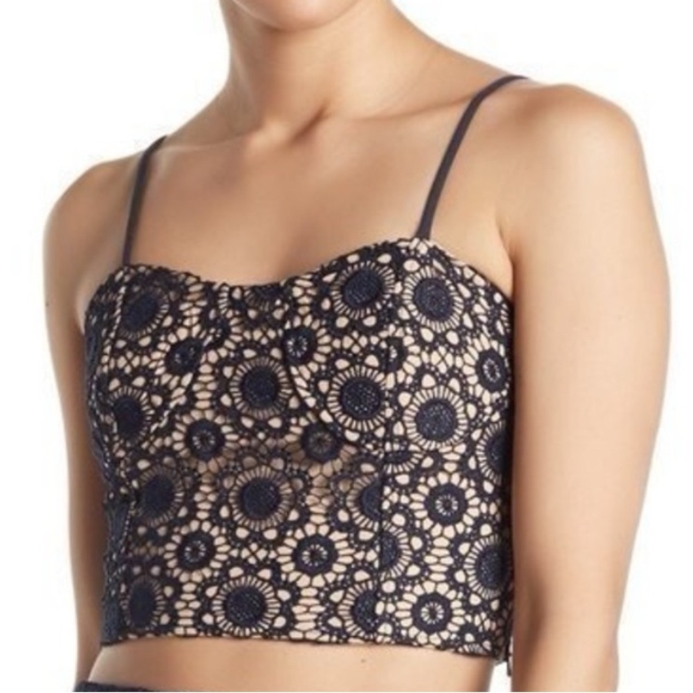 J.O.A. Navy Blue Floral Patterned Sexy Corset Top Nude Lining, Side Zip SZ M NWT